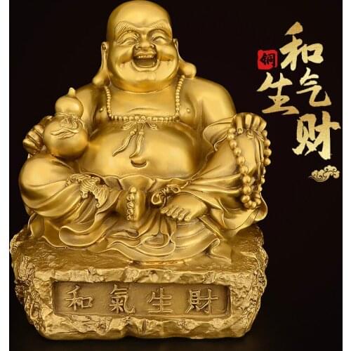 Chinese Handmade Copper Maitreya Buddha Ornaments Golden Buddha Statue Offering Home Lucky and Smiling Buddha, Ingot Buddha