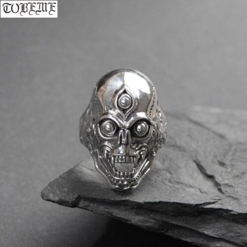 100% 925 silver Skull ring vintage 925 sterling 3 eyes Skeleton Ring man ring Resizable Punk jewelry