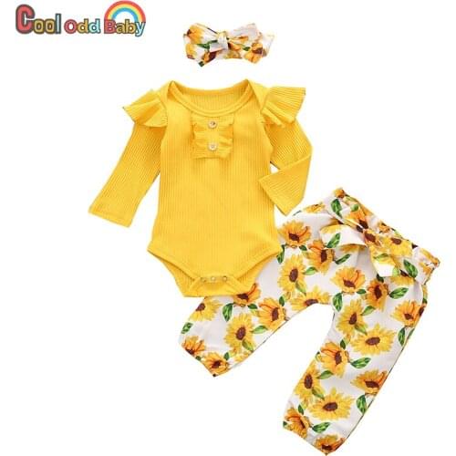 3Pcs Sunflower Baby Girl Clothes Set Newborn Outfit Ruffle Solid Long Sleeve Tops Flower Pants Headband Fashion Infant Clothing