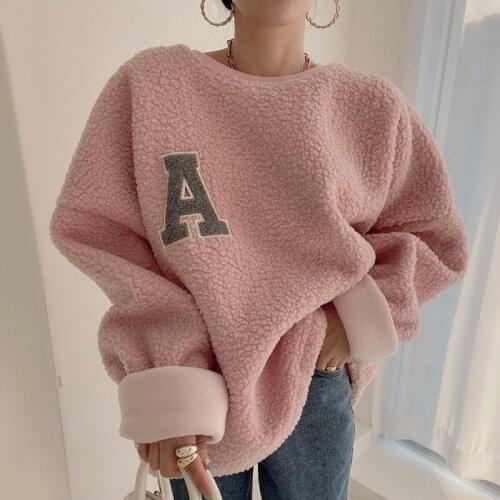 Korea Chic Autumn Lazy Round Neck Embroidered Letter Pullover Loose Solid Color Long-Sleeved Lamb Wool Warm Sweater