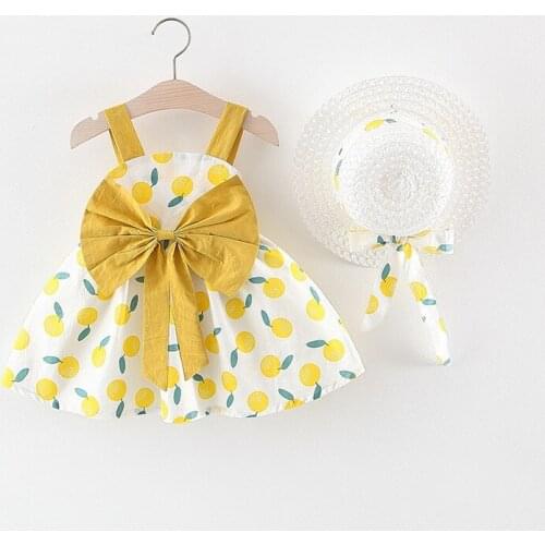 Pretty Girl Dress Baby Dresses +bow Sunhat Print Fruit Sleeveless Children Clohtes 2021 Summer Newborn Girl Dresses 0-3 Years