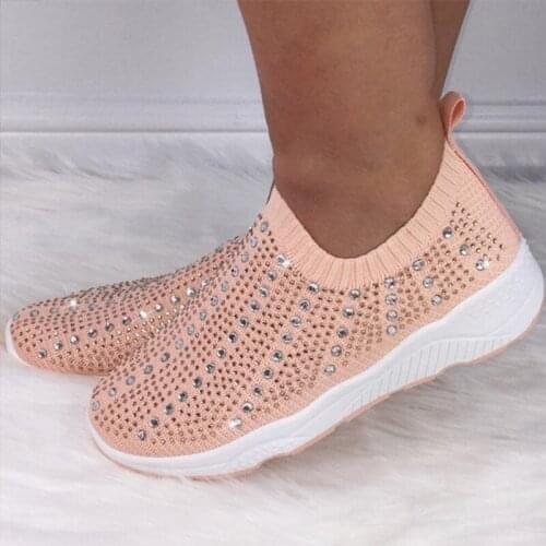 Bjakin Pink Bling Running Shoes for Woman Light Sock Sneakers Slip On Non-slip Rhinestones Flat Sport Shoes Female Big Size 43