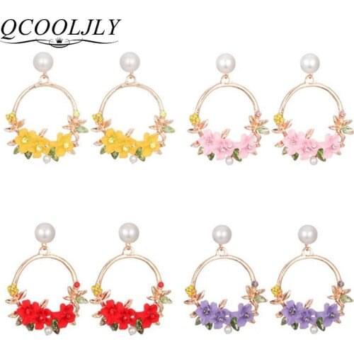 Cute Pink Flower Earrings For Women Girls Trendy Gifts Jewelry Female Rhinestone Gold Metal Round Circle Drop Earrings Brincos