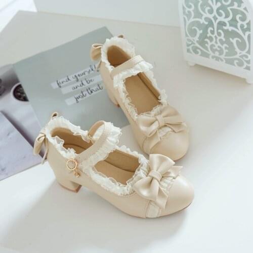 Pu Lolita Bow Mid Heels Sweet Student Round Toe Loli Shoes Fairy Princess Pendant Lace Buckle Japanese Tea Party Kawaii Sweet