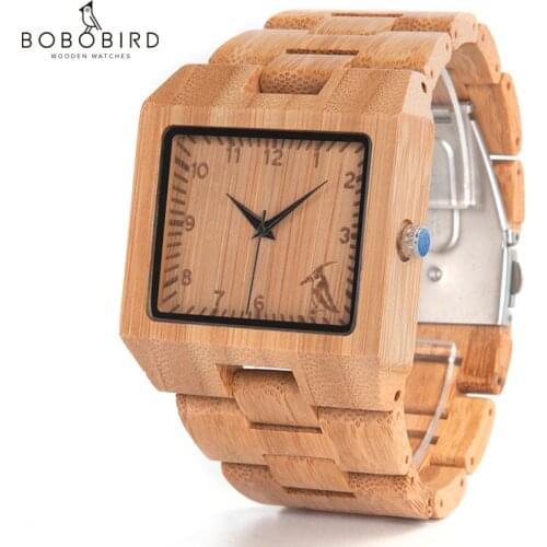 BOBO BIRD Wood Watches Men High Quality Bamboo Watch Men Luxury Square Quartz Analog Clock relogio masculino V-L22
