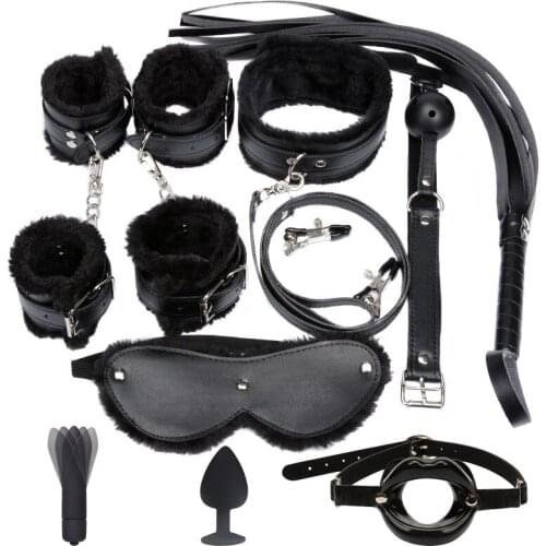 10pcs / 7pcs Fetish Bondage Play Kit BDSM Sex Bondage Restraints Vibrator Sex Toys for Couples Handcuffs Ankle Cuffs Gag Collar