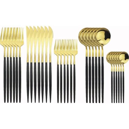 30Pcs 18/10 Stainless Steel Cutlery Set Black Gold Knife Dessert Fork Spoon Dinnerware For Party Dinner Silverware Tableware Set