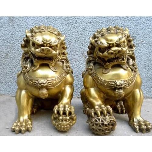 A Pair Chinese Feng Shui China Royal Palace Pure Brass Door talisman Fu Foo Dog Evil Guardian Lion 2pcs Garden Decoration BRASS