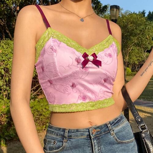 Pink Floral Lace Trim Corset Tops for Women E Girl Summer Vintage Camis Slim Sexy Vest Fairy Cottagecore Aesthetic Y2K Crop Top