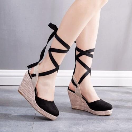 High Heels Wedges Summer Ankle Cross Strap Gladiator Sandals Woman Casual Espadrilles Hemp Canvas Pumps Shoes