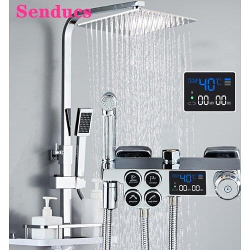 Thermostatic Shower Set Senducs Press Button Hot Cold Bathtub Mixer Faucet Polished Chrome Mixer Tap Digital Bathroom Shower Set