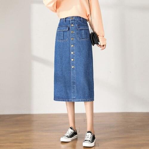 New 2021 Spring High Waist Womens Skirts Button Denim Mid-Long Ladies Skirt Loose OverSize 5XL Casual Female Clothing KN160