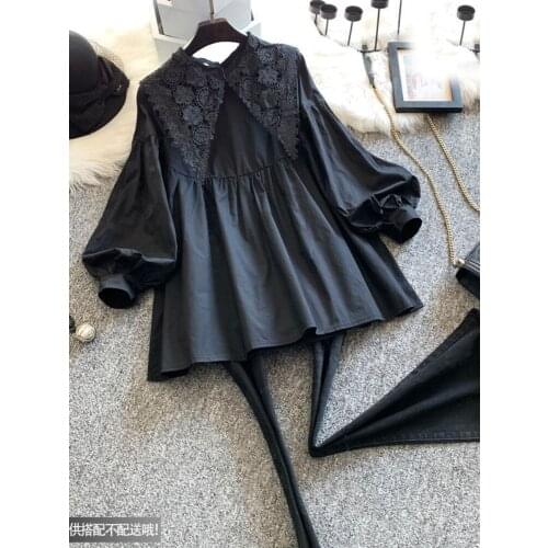 Black Women Shirts 2021 Summer New Lantern Sleeved Lace Turn-Down Collar Loose Straight Casual Female Pulls Outwear Tops