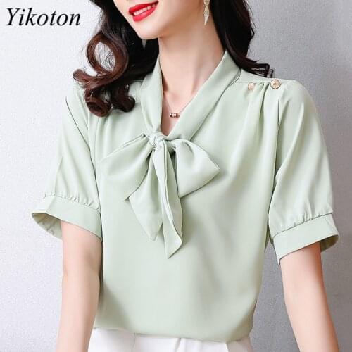 Women Blouses and Shirts New 2021 Summer Bow Tie Fashion Chiffon Blouse Short Sleeve Ladies White Shirt Female Top blusas mujer