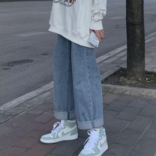 Womens Summer Harajuku Straight-Leg Jeans Korean High-Waist Womens Casual Trousers Wide-Leg Pants Street Wear All-match