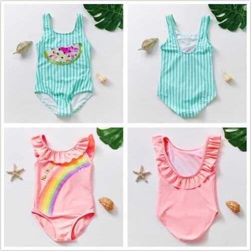 3-16Y Girls Swimwear Ruffle Girls Swimming outfit Rainbow Sequins Kid Beach wear High quality Kids Bathing suit Biquini infantil