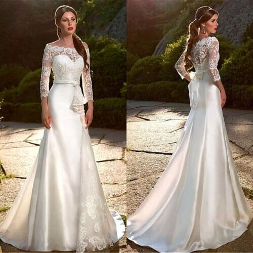 Ivory Boat Neck Satin With Applique Lace Wedding Dress Long Sleeve vestido de noiva Women Bride Dress 2021 Wedding Gowns