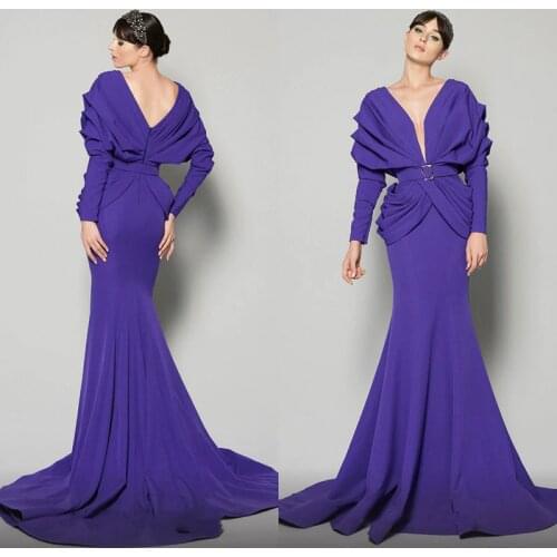 2020 Gorgeous Mermaid Evening Dresses High V-neck Long Sleeve Elegant Formal Prom Dress Sash Sweep Train Satin Ruched Party Gown