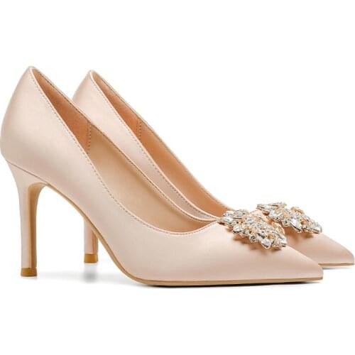 2020 Spring and Autumn Silk Womens Shoes with High Heel Sexy Shallow Mouth Pointed Rhinestone Buckle Single Shoes Size 33-42