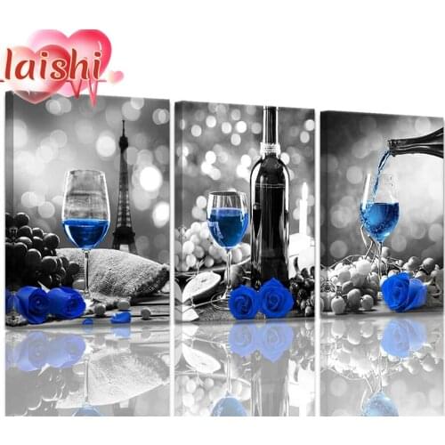 3pcs Diamond Mosaic Wine decor kitchen blue wine rose 5D Diy Diamond Painting Full Drill Round Diamond Embroidery Home Decor Art