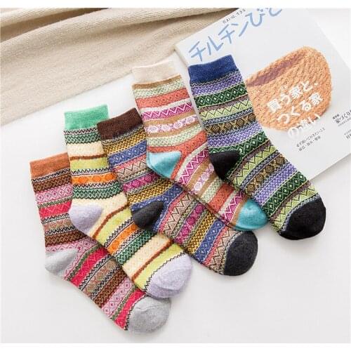 Winter New Products Warm Thicken National Wind Womens Wool Medium Tube Socks Factory Wholesale 5 Pairs