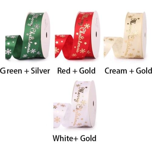 Handmade Material DIY Craft 25mm Satin Ribbon Merry Christmas Gold/silver Foil Printing Christmas Gift Wrapping Home Decoration