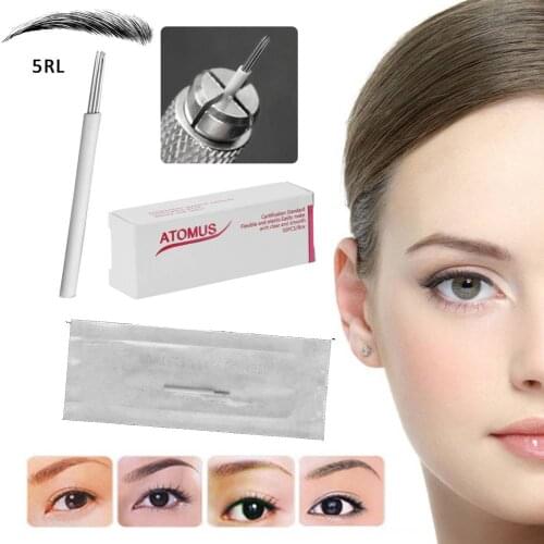 ATOMUS 50PCS Round Microblading Needles Manual Fog Needle Eyebrow Tattoo Pen for Permanent Makeup 5R Makeup Tattoo Supply