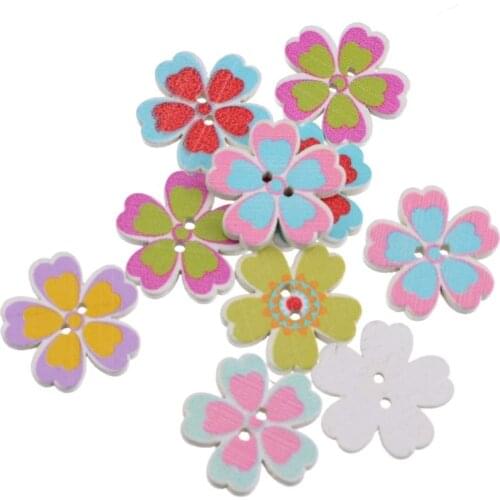 Free shipping 10pcs Random Mixed Color Wood Buttons 2 Holes Flower Shape Sewing Scrapbooking 19x18mm F1637