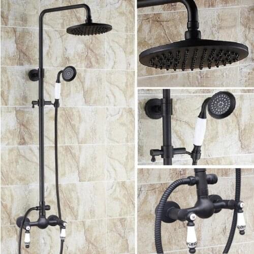 Black Oil Antique Brass Bathroom 8 inch Round Rainfall Shower Faucet Set Double Ceramics Levers Mixer tap Hand Shower ars514