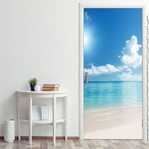 Sea View Door Stickers Sunny Clouds Blue Sea Bedroom Living Room Decoration Bathroom Waterproof Door Decals Two-Pieces Set