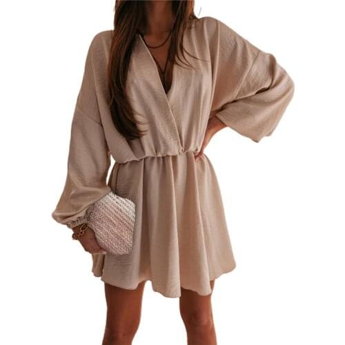 Elegant Female Mini Dress Deep V Neck High Waist Women Solid Color Long Sleeve Dress for Office Ladies Wedding Party Vestidos