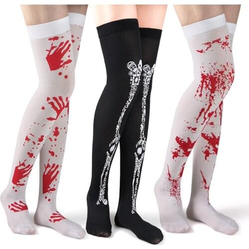 Halloween Girls Knee High Socks Blood Printed Stockings Over The Knee Thigh Bloody Nurse Sexy Horror Cosplay Skeleton Stockings