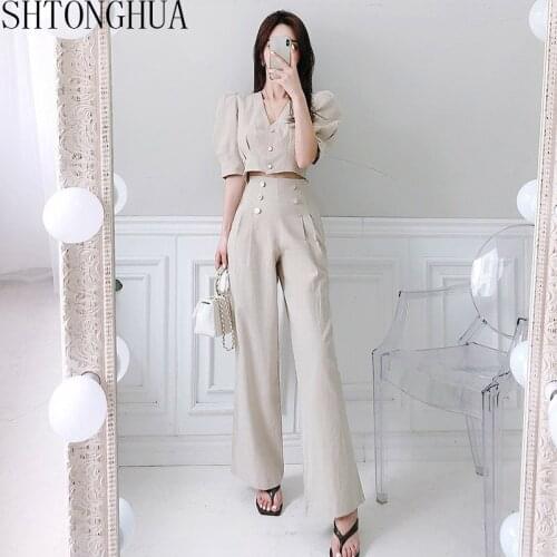 Wide Legged 2 Piece Set 2020 Summer Women V-Neck Puff Short Sleeve Short Top+ High Waist Long Pants Sexy Ladies Office Suit