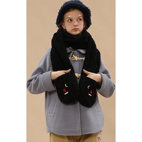 Korean Girls Winter Thick Warm Black Lamb Scarf Female Plush Couple Preppy Style Collar Long Scarves Cartoon Embroidery Wraps