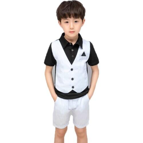 Summer New Childrens Vest Suit Set Flower Boys Wedding Party Performance Costume Kids Faked Vest Shirts Shorts Outfits
