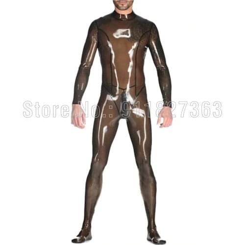 Natural Latex Catsuit Sexy Exotic Handmade Customize Men male Latex Catsuit Fetish Bodysuits with Socks Back Crotch Zipper