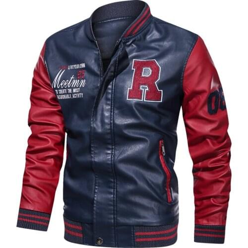 Men Baseball Jacket Embroidered Leather PU Coats Slim Fit College Fleece Luxury Pilot Mens Casual Stand Collar Leather Jacket