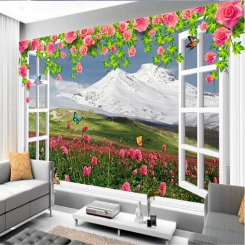 Beibehang custom wallpaper vines rose white window snow mountain flowers beautiful background wall vinyl flooring adhesives