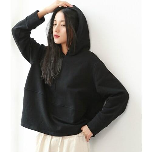 Autumn Winter Hooded Cotton Hoodies Street Style Loose Tops Women Casual Long Sleeve Vintage Sweatshirt Girls Cute Black Hoodie