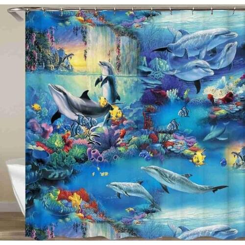 Underwater World Ocean Animals Shower Curtain Fish Dolphin Bathroom Curtain Waterproof Fabric With Hooks 72x72 Inch