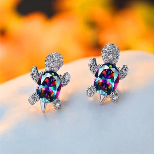 Luxury Female Small Turtle Stud Earrings Silver Color Rainbow Stone Earrings For Women Vintage Minimalist Wedding Earrings