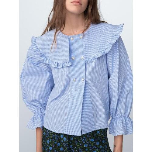 ZA shirt 2021 summer new womens clothing wild round lapel artificial gem button sweet plaid shirt top