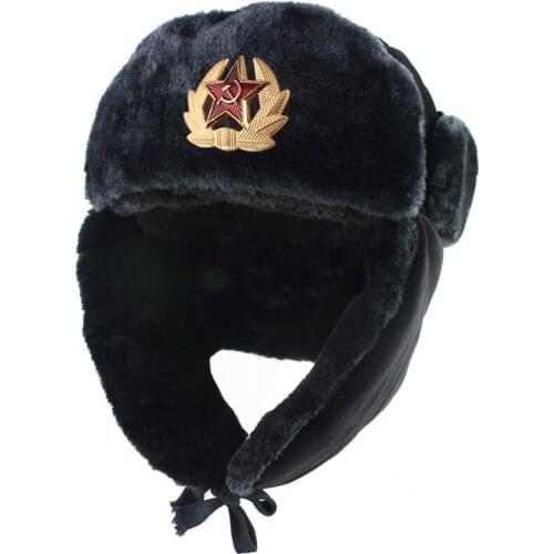 Soviet Military Badge Russia Ushanka Bomber Hats Pilot Trapper trooper Hat Winter Faux Rabbit Fur Earflap Men Snow Caps