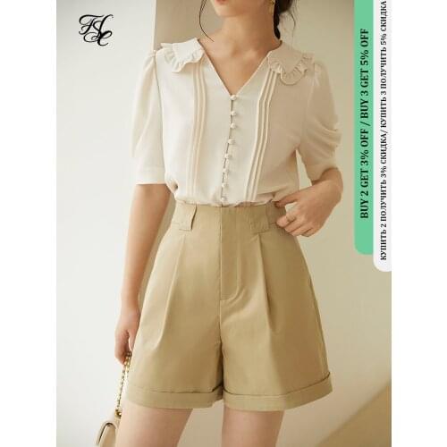 FANSILANEN Office Lady Wide Leg Shorts Women 2021 New Summer Straight High Waist Green Khaki Casual Pants Women Clothing