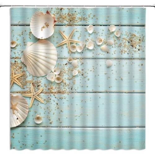 Beach Ocean Shower Curtains Set Shell Starfish Summer Sea Scenery Bathroom Decor Waterproof Polyester Bathtub Curtain with Hooks