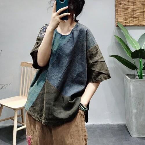 Women T-shirt Summer Retro Loose Casual Pullovers Tops 2021 New Ladies O-Neck Spliced Panelled Short Sleeve Vintage T-shirt