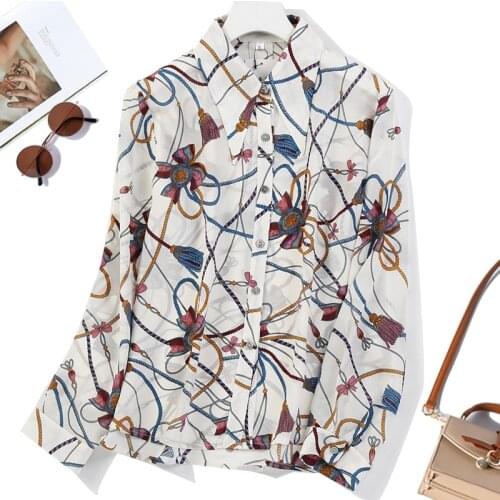 Womens 100% Mulberry Silk Crepe Silk Classical Print buttons down Collared Long Sleeve Shirt Top Blouse office work L XL JN568