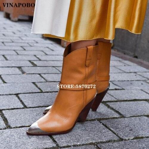 Women Genuine Leather High Heels Ankle Boots Pointed Toe Women Autumn Winter Fashion Square Heel Metal Decoration Snow Boots