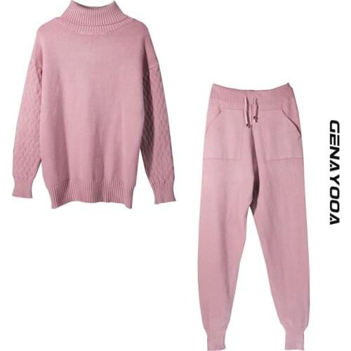 Genayooa Turtleneck Knit Set Womens Tracksuit Autumn Winter 2021 Two Piece Set Korean 2 Piece Set Women Sweat Suit Set