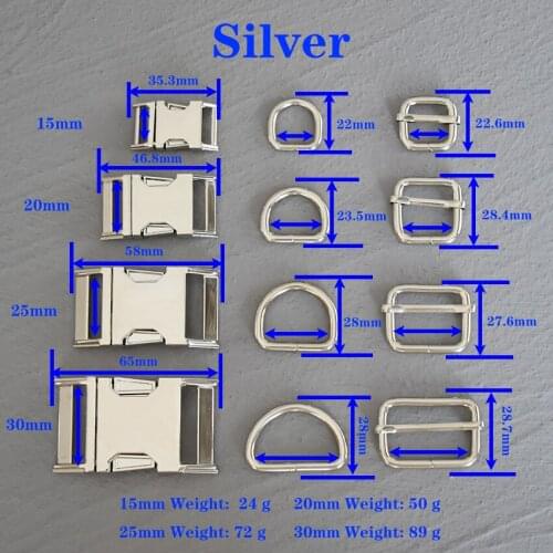 1 Set 15/20/25/30mm Webbing Metal Silver Slider D Ring Release Belt Buckle For Dog Collar Paracord Sewing Accessory